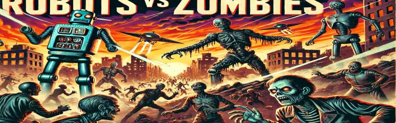 Poster illustration of robots versus zombies