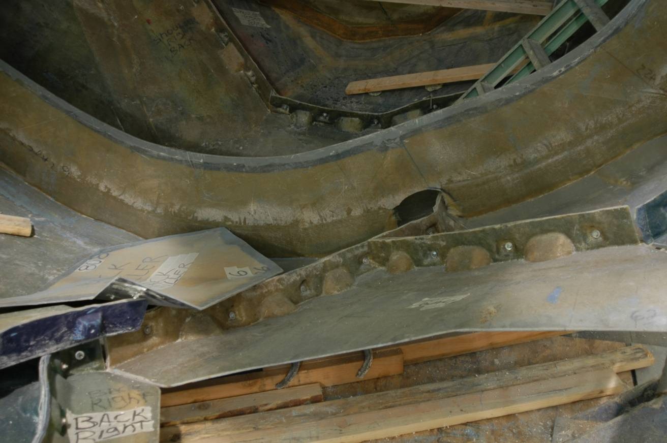view up into body of sculpture in construction
