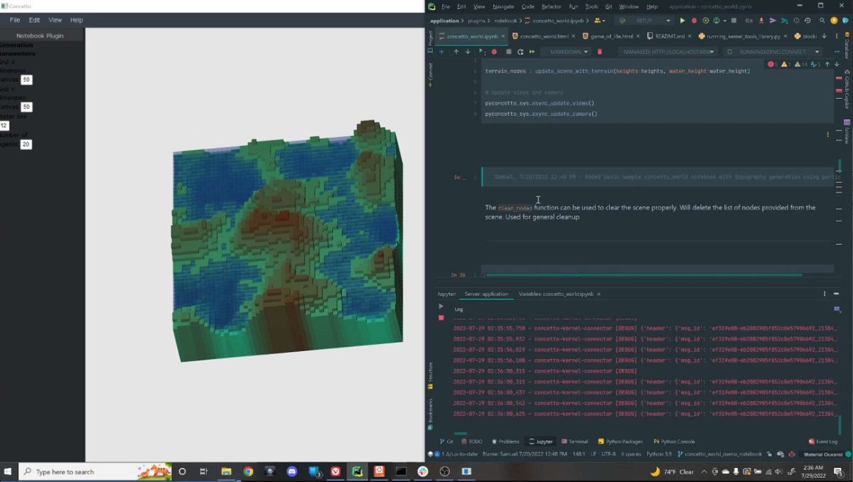 Screenshot of Jupyter notebook and Concetto 3D model