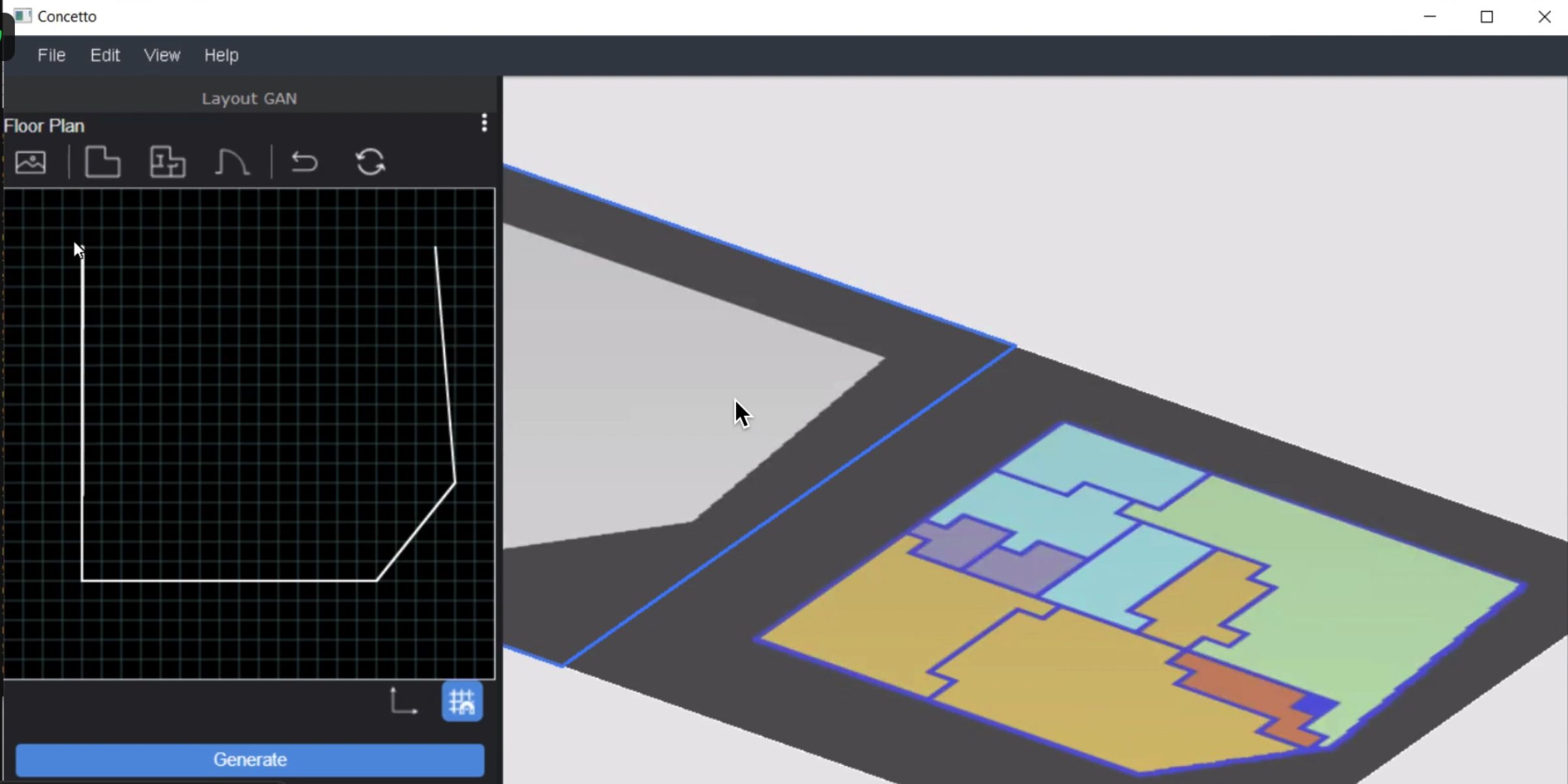 Screenshot of LayoutGAN interface showing sketch and generated floor plan in Concetto.