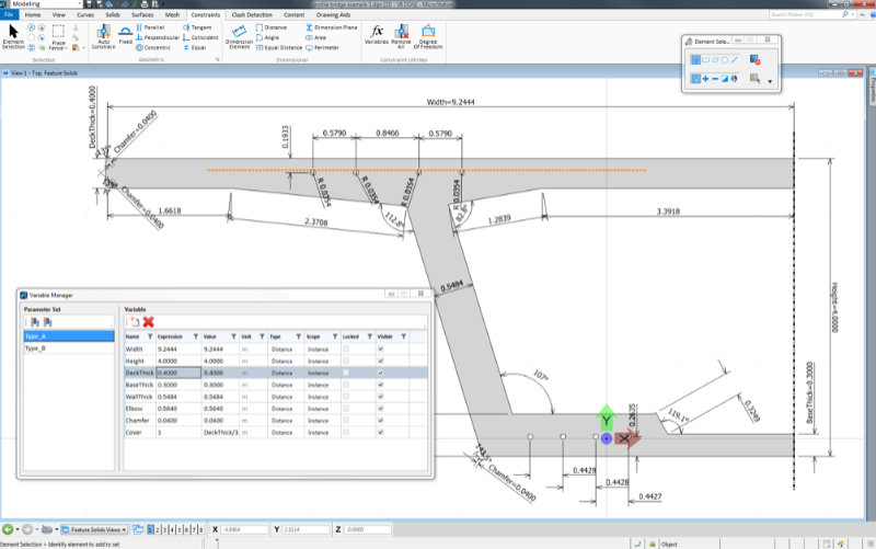 Screenshot of MicroStation CONNECT Edition showing parametric 2D bridge section drawing